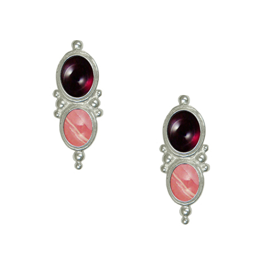 Sterling Silver Drop Dangle Earrings With Garnet And Rhodocrosite